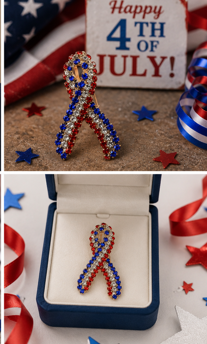 Rhinestone Patriotic Ribbon Brooch, Red White Blue Ribbon Pin,  Crystal USA Ribbon Pin 4th July Independence Day Jewelry