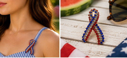 Rhinestone Patriotic Ribbon Brooch, Red White Blue Ribbon Pin,  Crystal USA Ribbon Pin 4th July Independence Day Jewelry