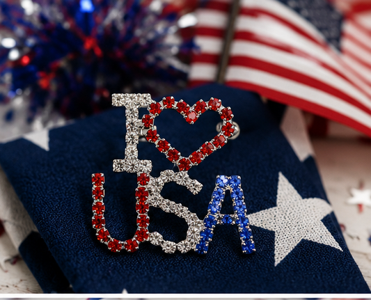 I love (Red Heart) the USA Red White and Blue Patriotic Rhinestone Pin Brooch Broach