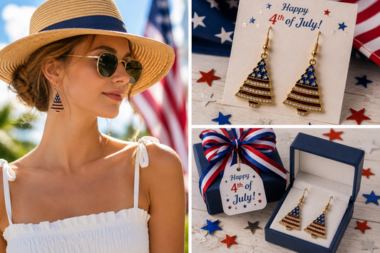 Rhinestone Patriotic Christmas Tree Holiday Brooch Pin And Earring Set, 4th July Red White Blue Patriotic Jewelry Set