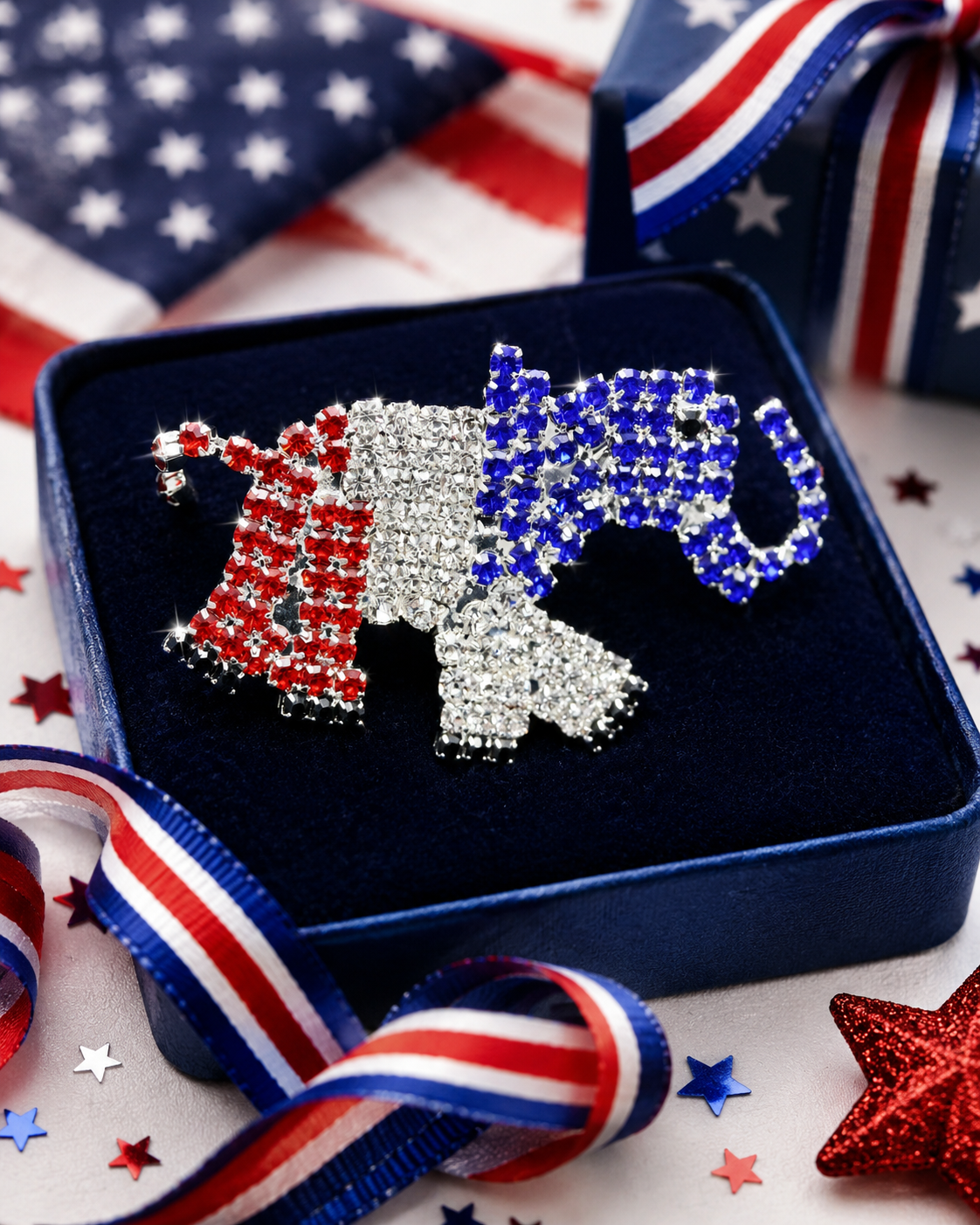 Patriotic Red White and Blue Rhinestone Republican Elephant Brooch Pin, GOP elephant Brooch, 4th of July Patriotic Jewelry