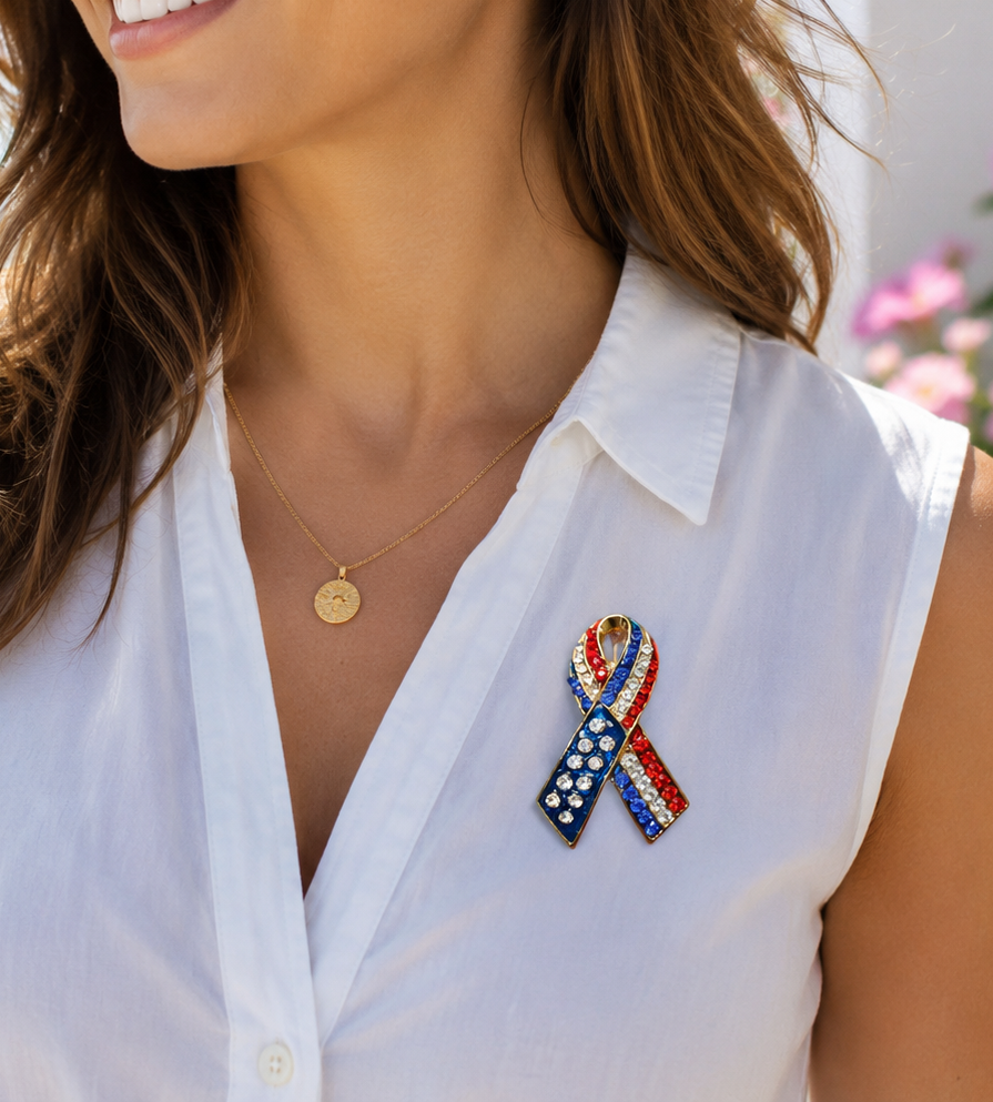 Patriotic Rhinestone American Flag Ribbon Brooch,  Red White Blue Ribbon Pin, 4th July Independence Day Jewelry