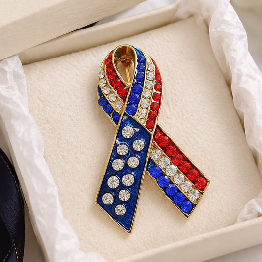 Patriotic Rhinestone American Flag Ribbon Brooch,  Red White Blue Ribbon Pin, 4th July Independence Day Jewelry