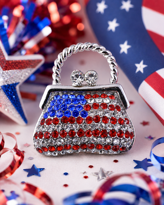 Rhinestone Fashion 4th July USA Flag Purse Handbag Pin Brooch, Patriotic Red White Blue Jewelry Gift