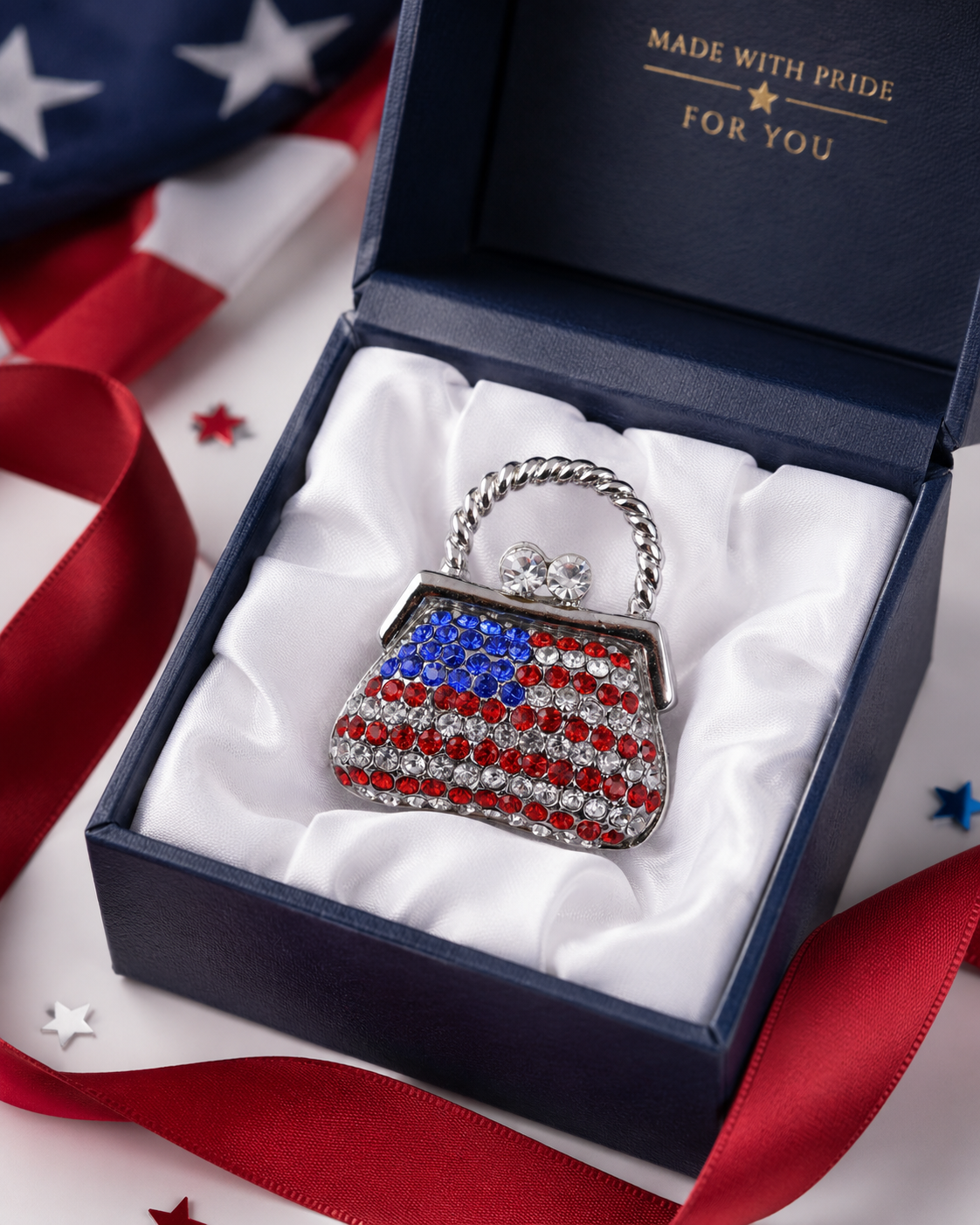 Rhinestone Fashion 4th July USA Flag Purse Handbag Pin Brooch, Patriotic Red White Blue Jewelry Gift
