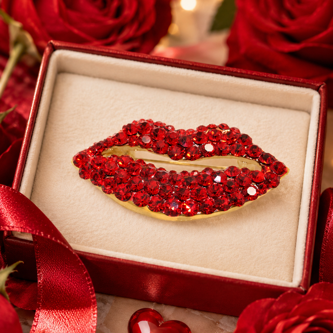 Sexy Ruby Red Pair of Lips Kiss Love Pave Rhinestone Crystal Brooch Pin Gold