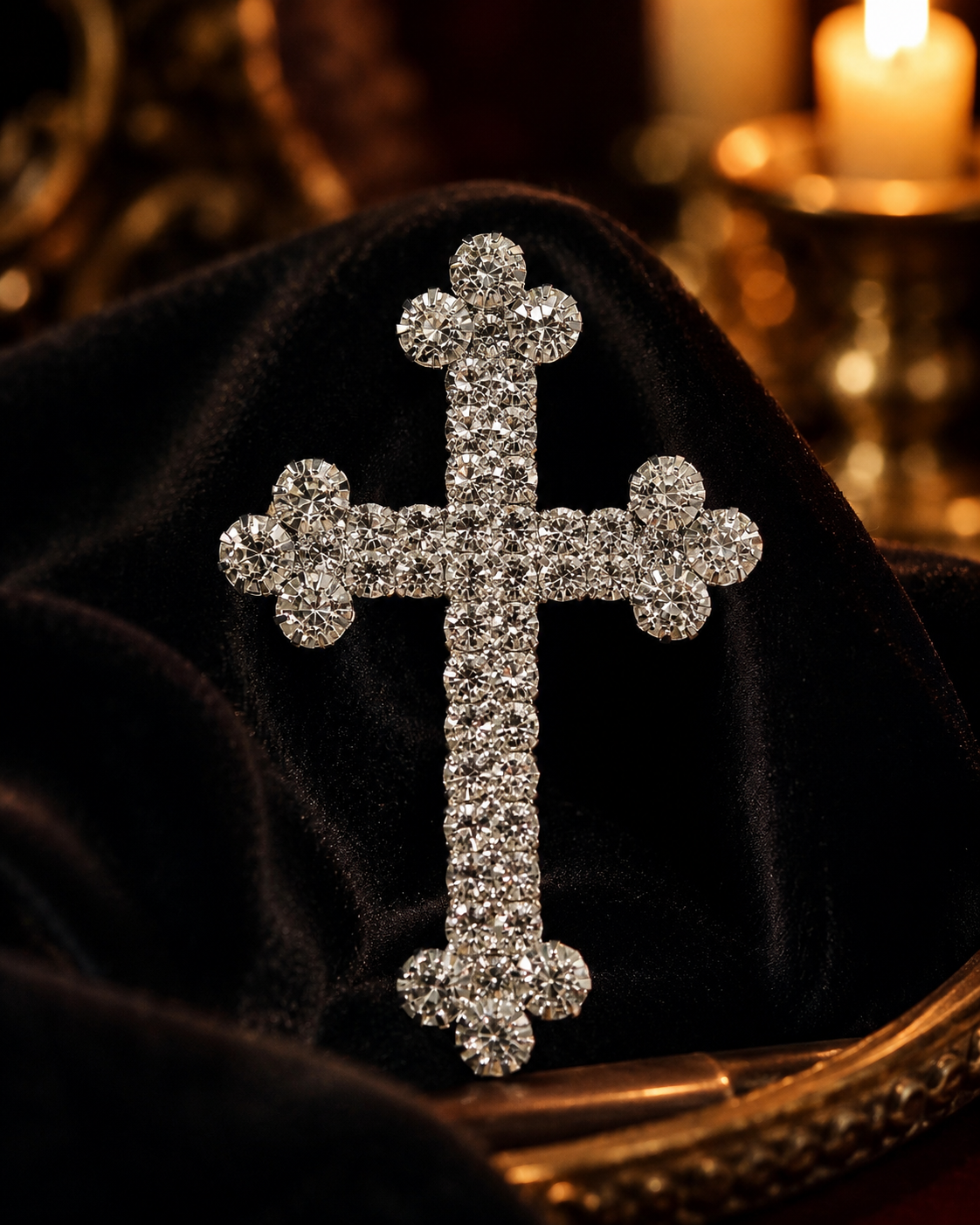Stunning Silver and Gold Tone Crystal Rhinestone Christian Budded Cross Brooch Pin, Religious Cross Jewelry
