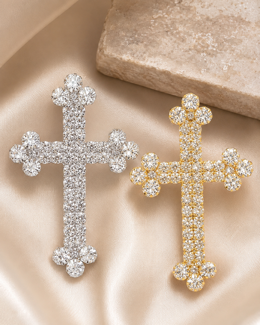 Stunning Silver and Gold Tone Crystal Rhinestone Christian Budded Cross Brooch Pin, Religious Cross Jewelry