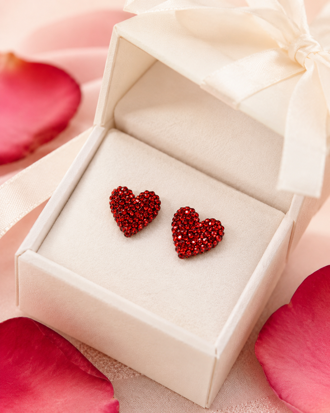 Gold Treasures Crystal Heart Stud Earrings, Rhinestone Red Heart Earrings, Valentine's Day Heart Earrings Jewelry Gift