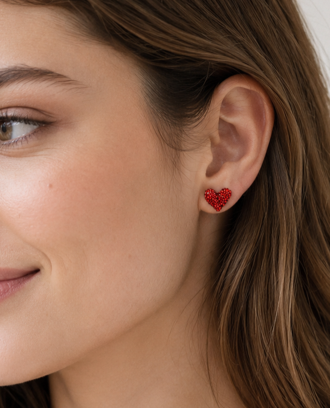 Gold Treasures Crystal Heart Stud Earrings, Rhinestone Red Heart Earrings, Valentine's Day Heart Earrings Jewelry Gift