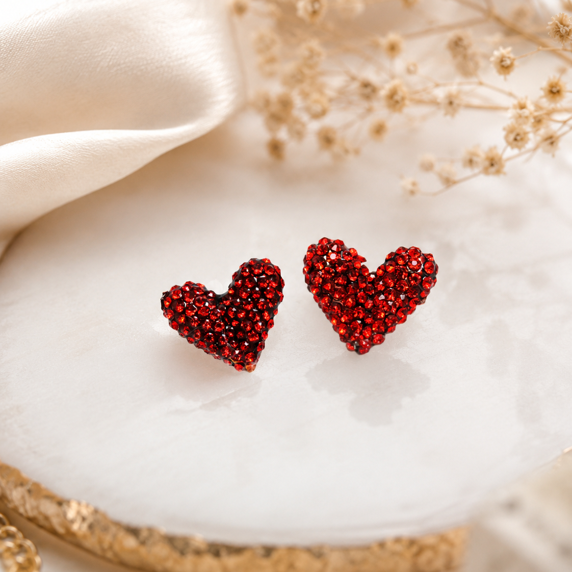 Gold Treasures Crystal Heart Stud Earrings, Rhinestone Red Heart Earrings, Valentine's Day Heart Earrings Jewelry Gift