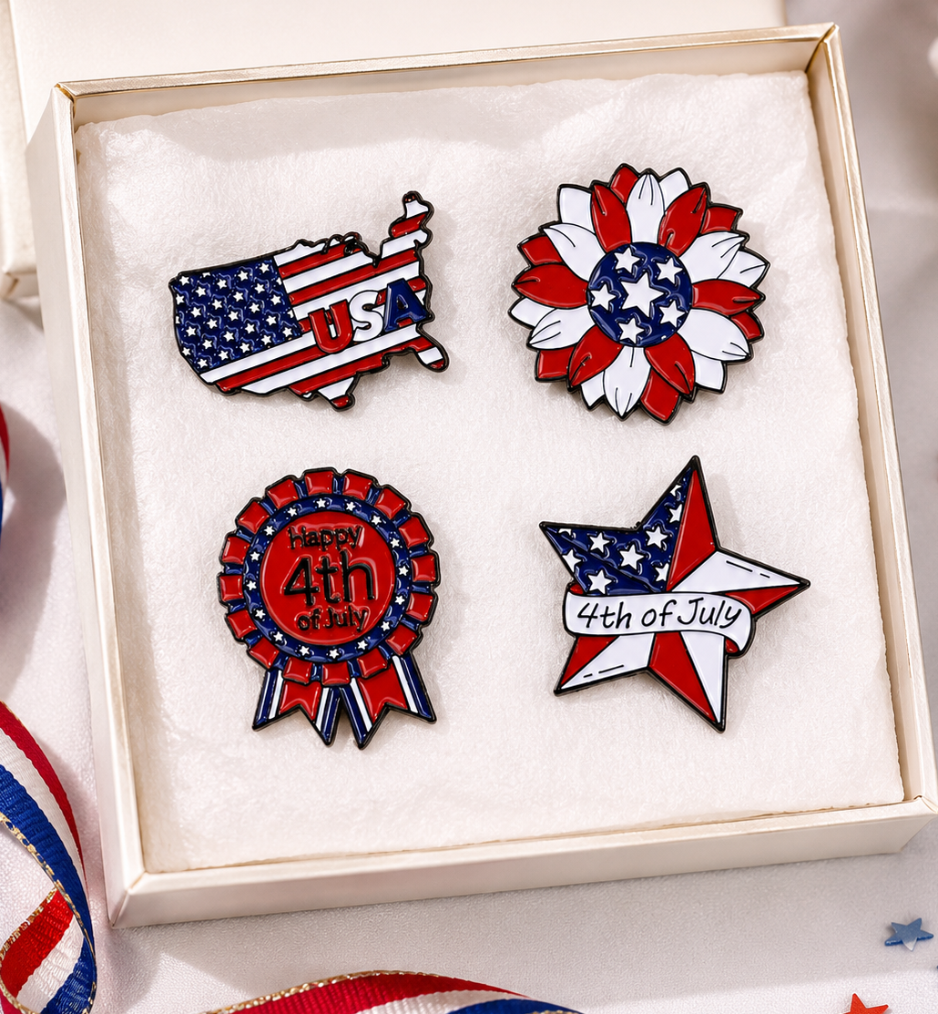 4PCS Patriotic Enamel Pin Set, USA Flag 4th of July Brooch Collection, Independence Day Lapel Pins for Shirts, Hats, Bags and Gift Giving