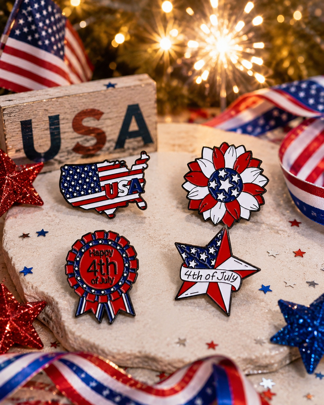 4PCS Patriotic Enamel Pin Set, USA Flag 4th of July Brooch Collection, Independence Day Lapel Pins for Shirts, Hats, Bags and Gift Giving