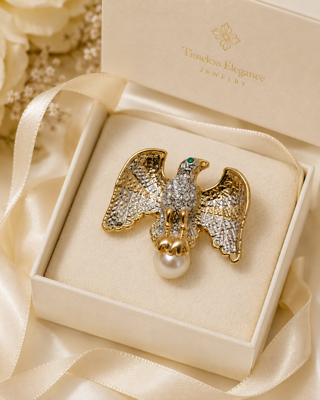Rhinestone Gold Eagle Crystal Pearl Pin Small Dar Patriot Military USA Campaign Dar Brooch