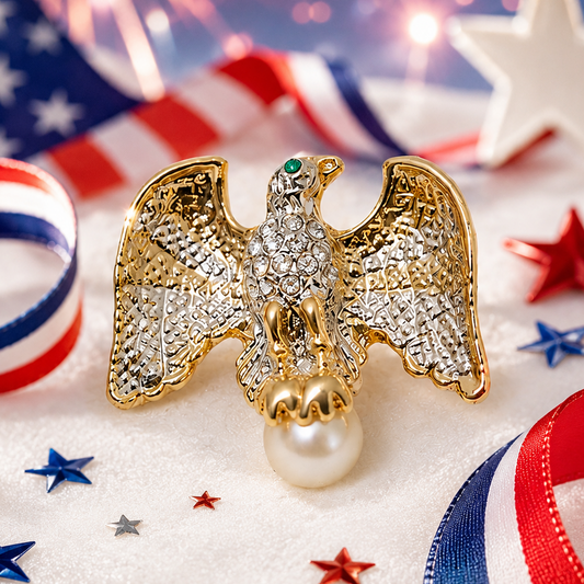 Rhinestone Gold Eagle Crystal Pearl Pin Small Dar Patriot Military USA Campaign Dar Brooch
