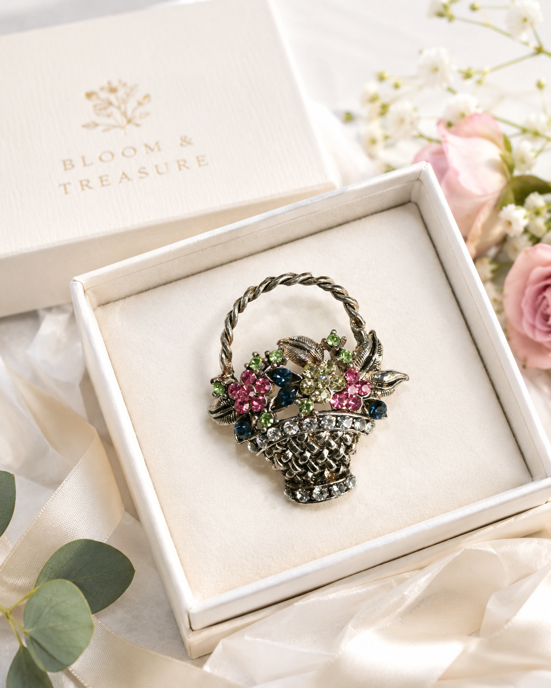 Floral Basket Brooch Pin for Women, Colorful Crystal Flower Bouquet Lapel Pin, Elegant Spring Easter Gift Jewelry