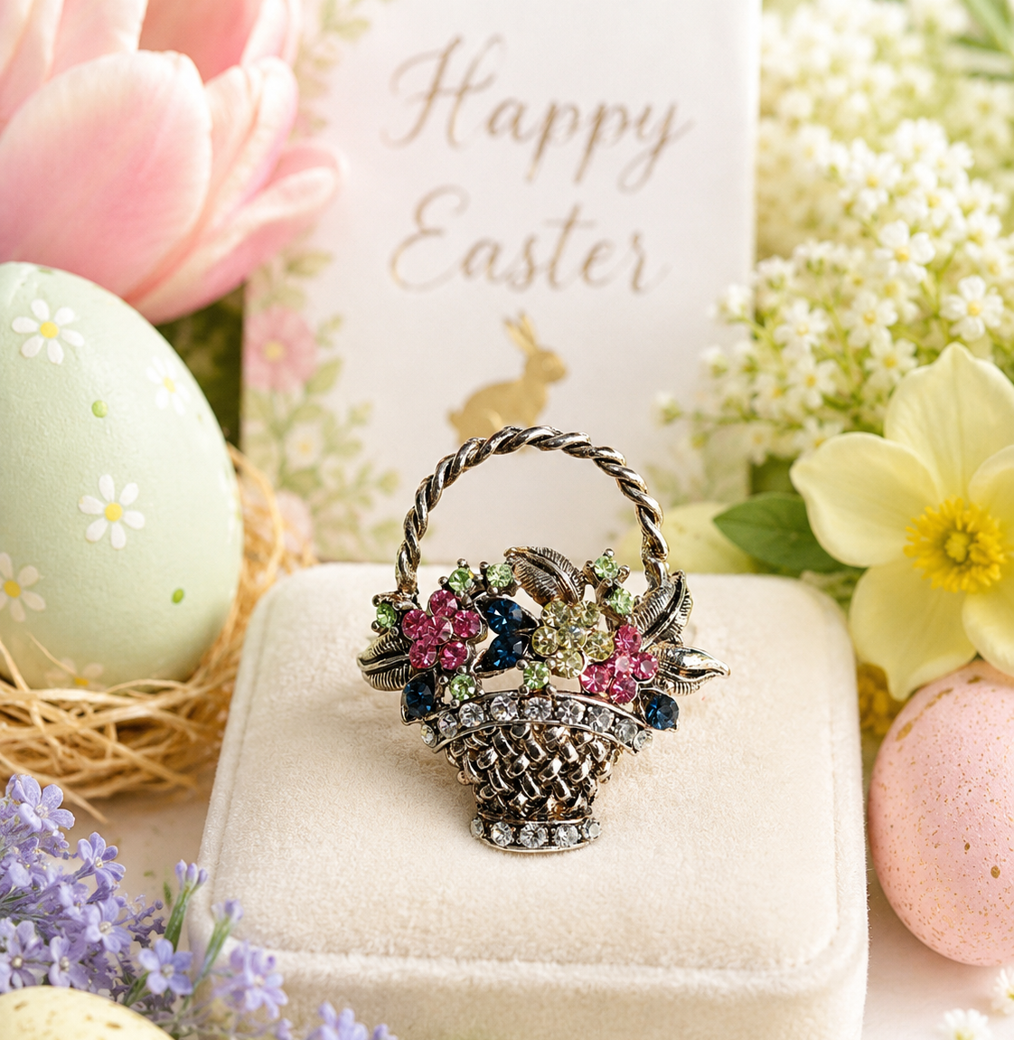 Floral Basket Brooch Pin for Women, Colorful Crystal Flower Bouquet Lapel Pin, Elegant Spring Easter Gift Jewelry
