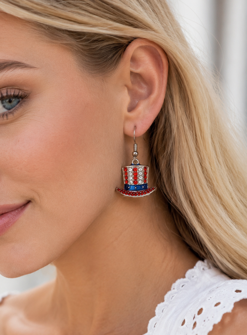 4th July Red White Blue Statement Earrings Top Hat Uncle Sam USA Flag Rhinestone American French Hook Dangle Earring