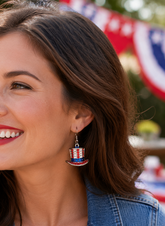 4th July Red White Blue Statement Earrings Top Hat Uncle Sam USA Flag Rhinestone American French Hook Dangle Earring
