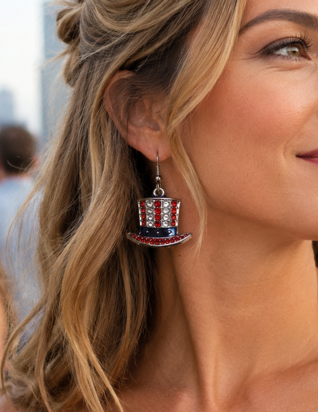 4th July Red White Blue Statement Earrings Top Hat Uncle Sam USA Flag Rhinestone American French Hook Dangle Earring