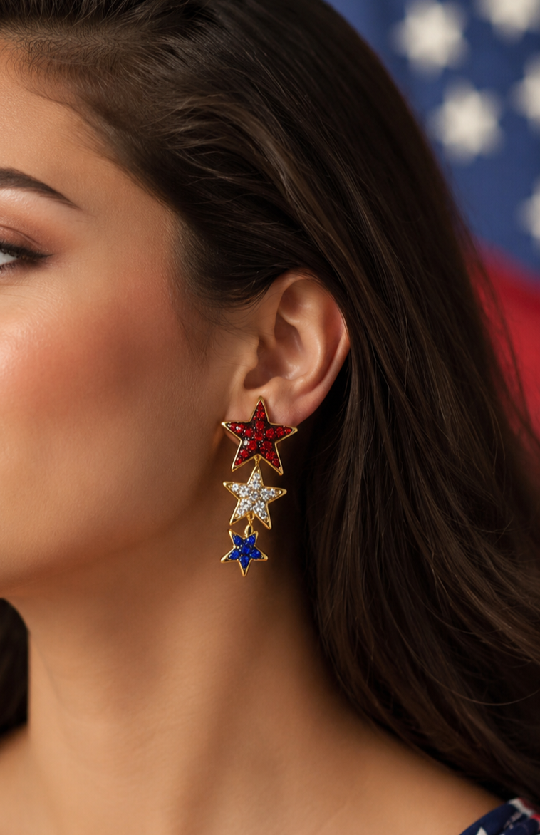 Rhinestone USA Patriotic Star Brooch and  Red White Blue Shooting Star Post Earring, US Patriotic Jewelry Set Gift