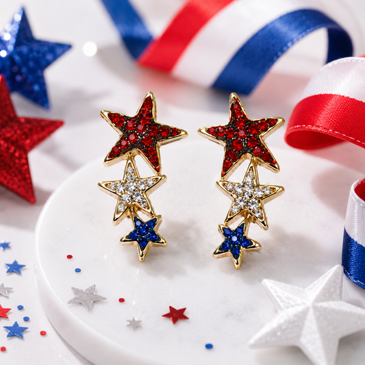 Rhinestone USA Patriotic Star Brooch and  Red White Blue Shooting Star Post Earring, US Patriotic Jewelry Set Gift