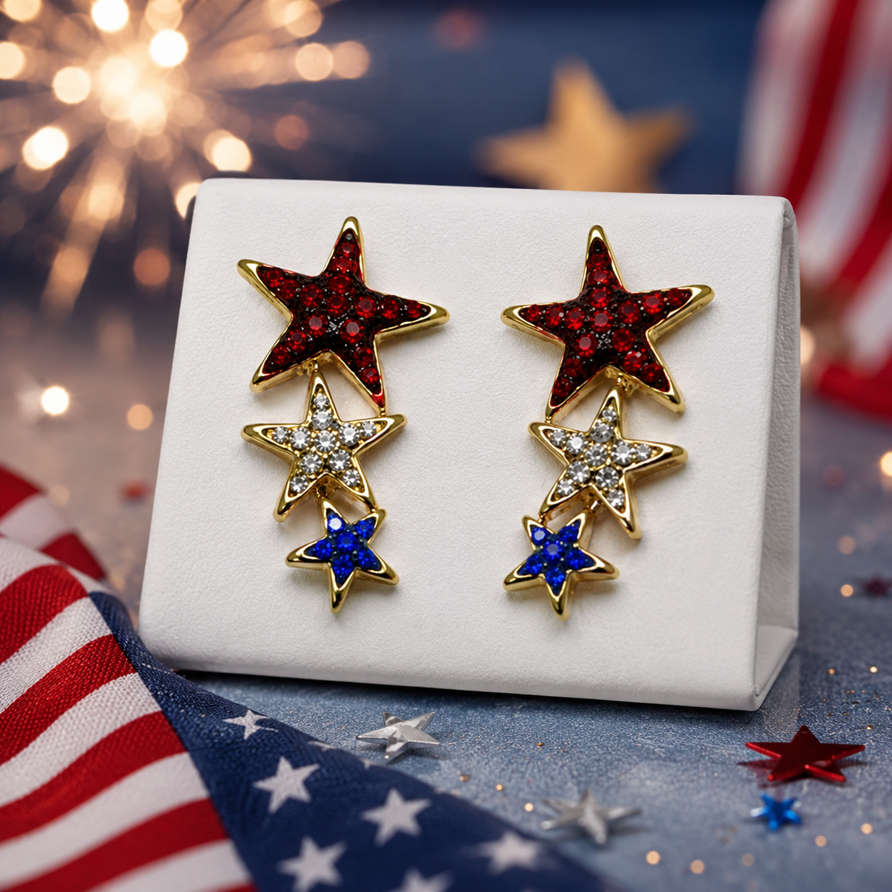 Rhinestone USA Patriotic Star Brooch and  Red White Blue Shooting Star Post Earring, US Patriotic Jewelry Set Gift