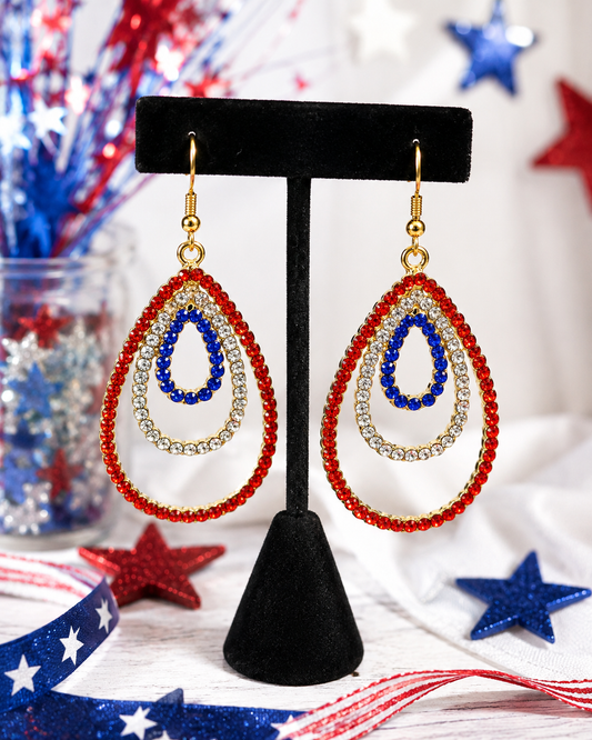 Rhinestone USA Patriotic 4th of July Red White Blue Teardrop Tripe Layer  Dangle Earring