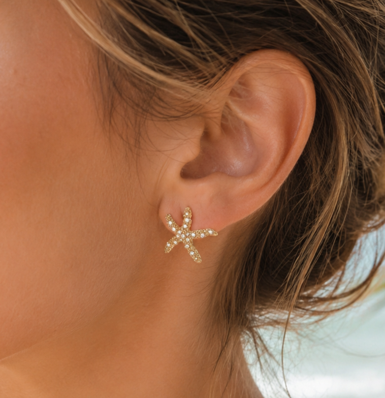 Rhinestone Starfish Post Earrings. Star Fish Stud Earrings. Beach Starfish Stud Bridal Wedding Earrings