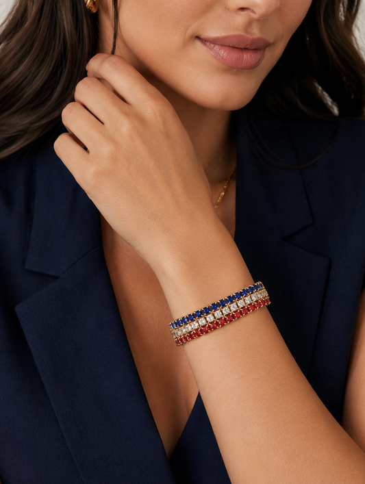 Women's Red White And Blue USA Flag Patriotic Statement Stretch Rhinestone Bracelet