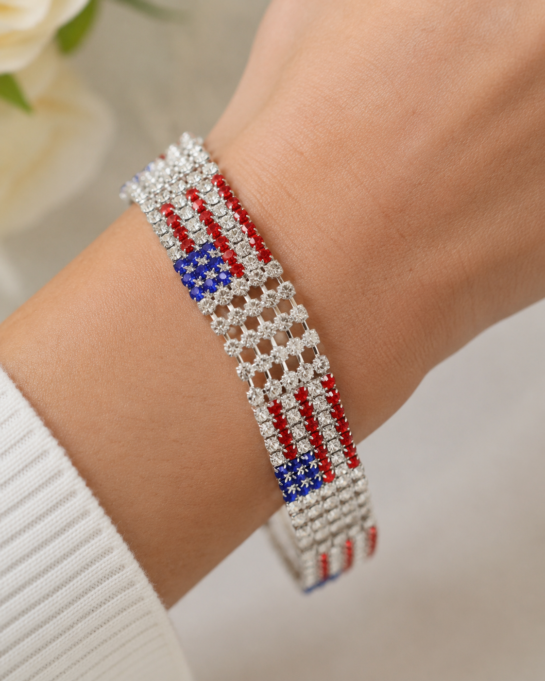 Silver USA Patriotic 4th of July American Flag Rhinestone Tennis Bracelet, Patriotic Independence Jewelry Red White Blue Crystal Bracelet