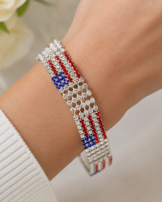 Silver USA Patriotic 4th of July American Flag Rhinestone Tennis Bracelet, Patriotic Independence Jewelry Red White Blue Crystal Bracelet