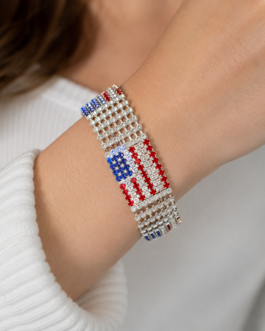 Silver USA Patriotic 4th of July American Flag Rhinestone Tennis Bracelet, Patriotic Independence Jewelry Red White Blue Crystal Bracelet