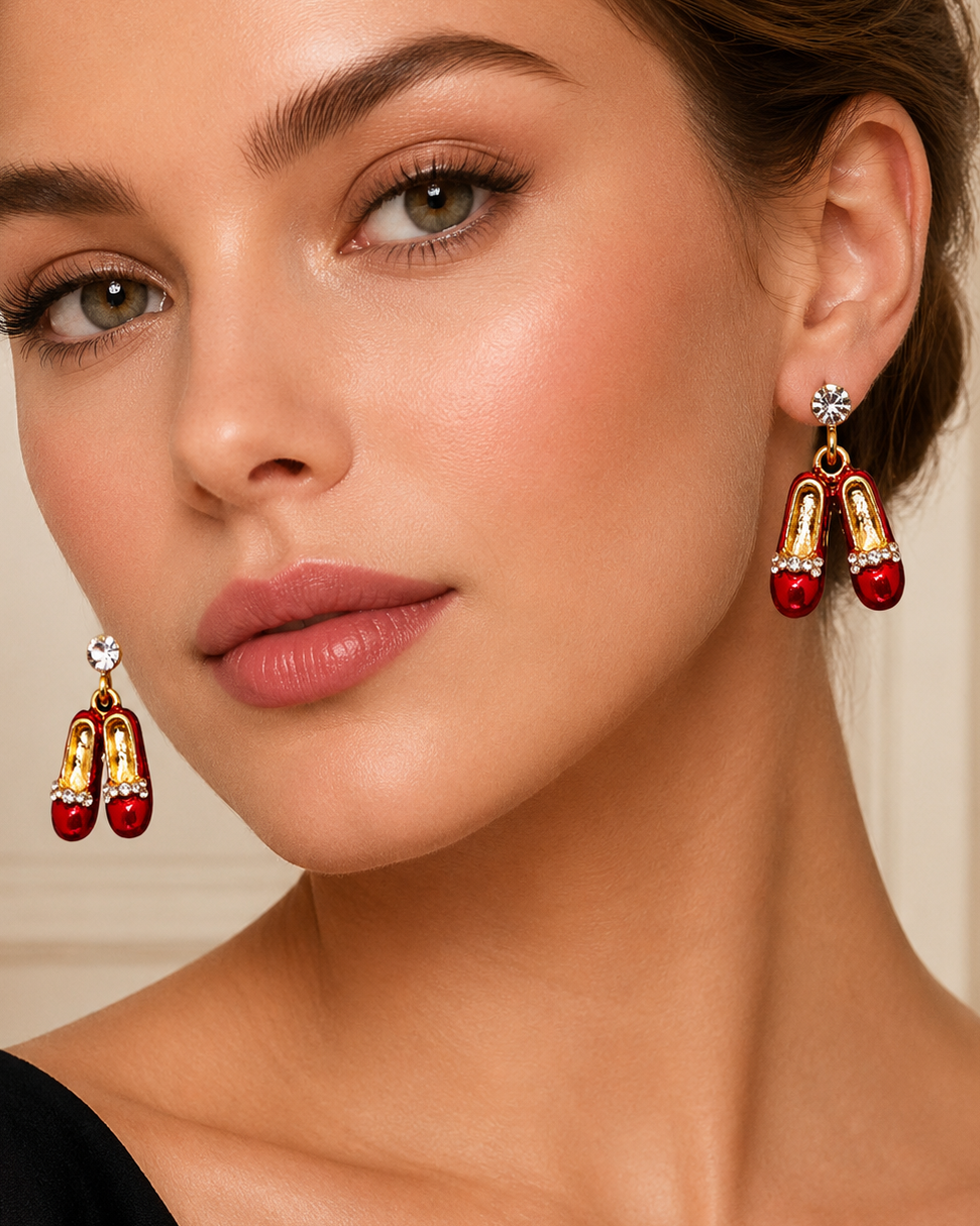 Rhinestone Ruby Slipper Red Enameled Post Earrings Ruby Red Slippers Crystal Sparkle Wizard Of Oz Style