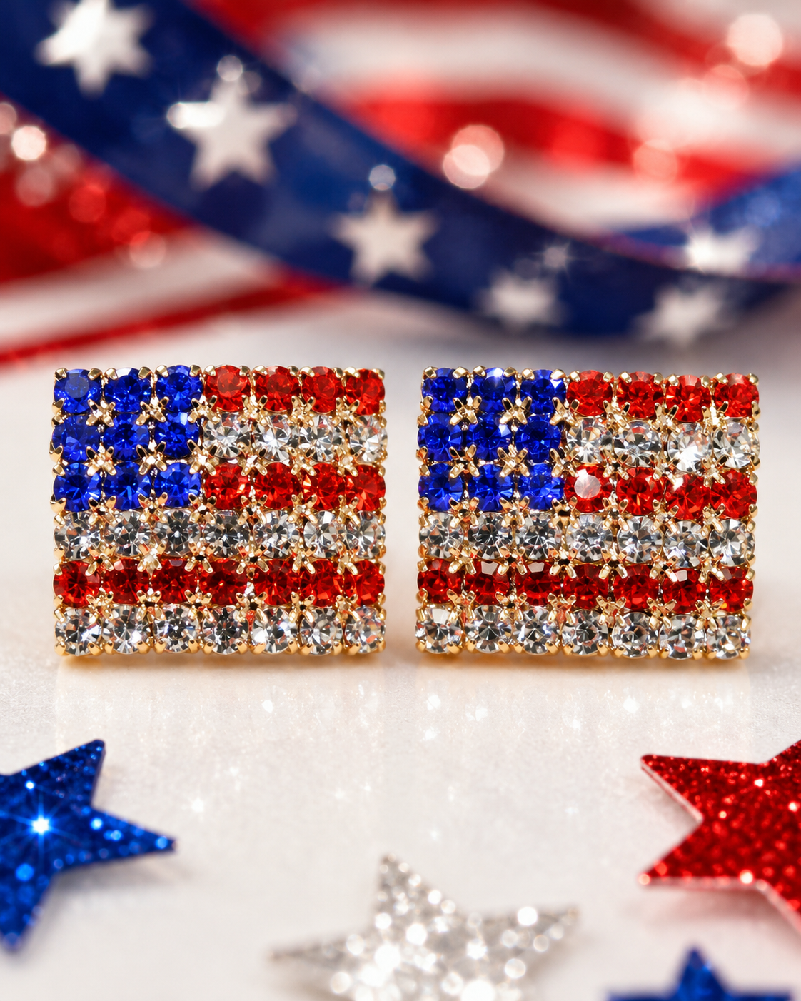Rhinestone American USA Flag 4th July Stud Earrings, Gold-Plated Patriotic Red White Blue Flag Earring, Patriotic Independence Jewelry