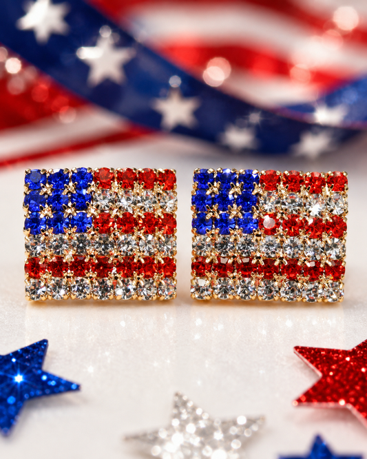 Rhinestone American USA Flag 4th July Stud Earrings, Gold-Plated Patriotic Red White Blue Flag Earring, Patriotic Independence Jewelry