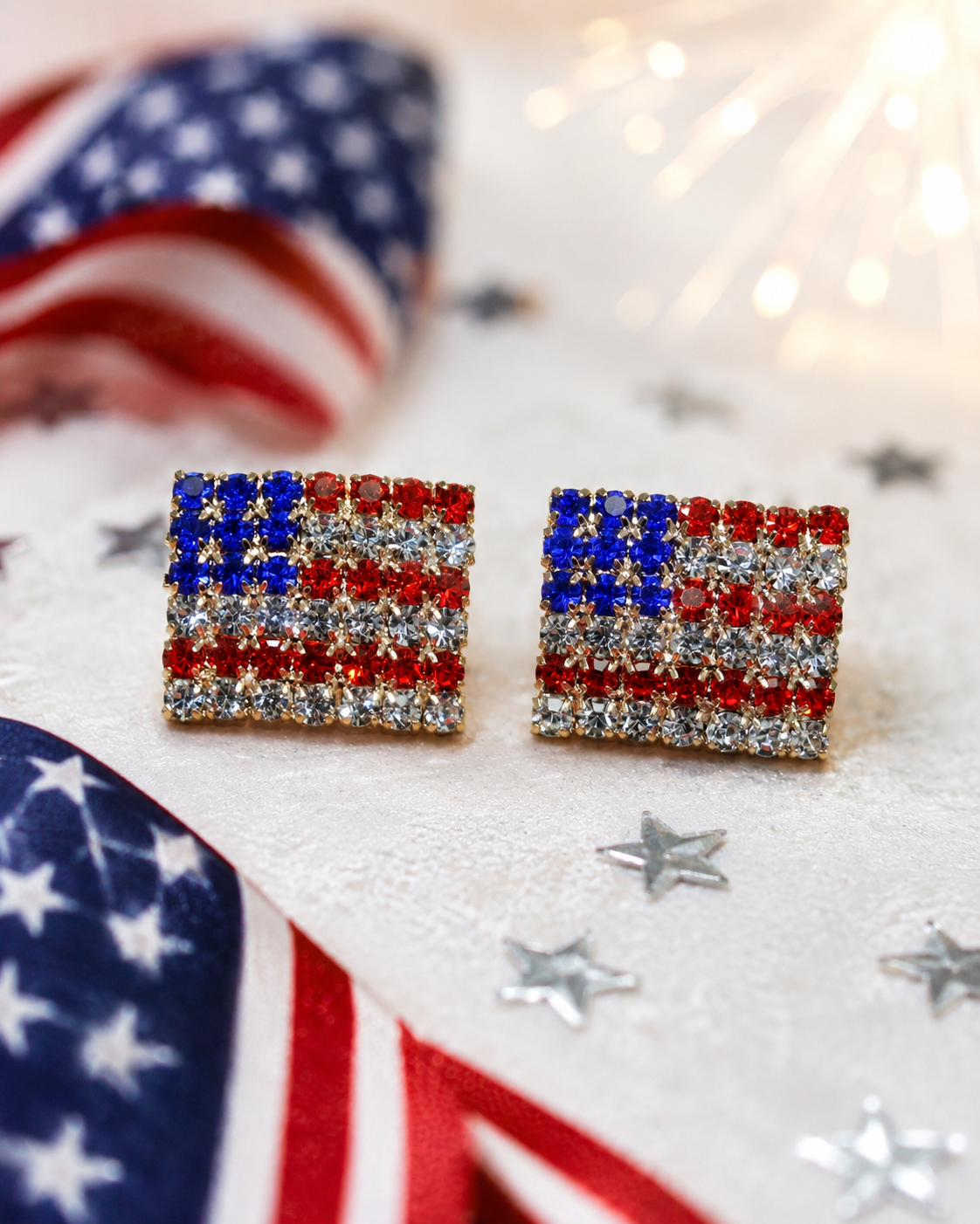 Rhinestone American USA Flag 4th July Stud Earrings, Gold-Plated Patriotic Red White Blue Flag Earring, Patriotic Independence Jewelry