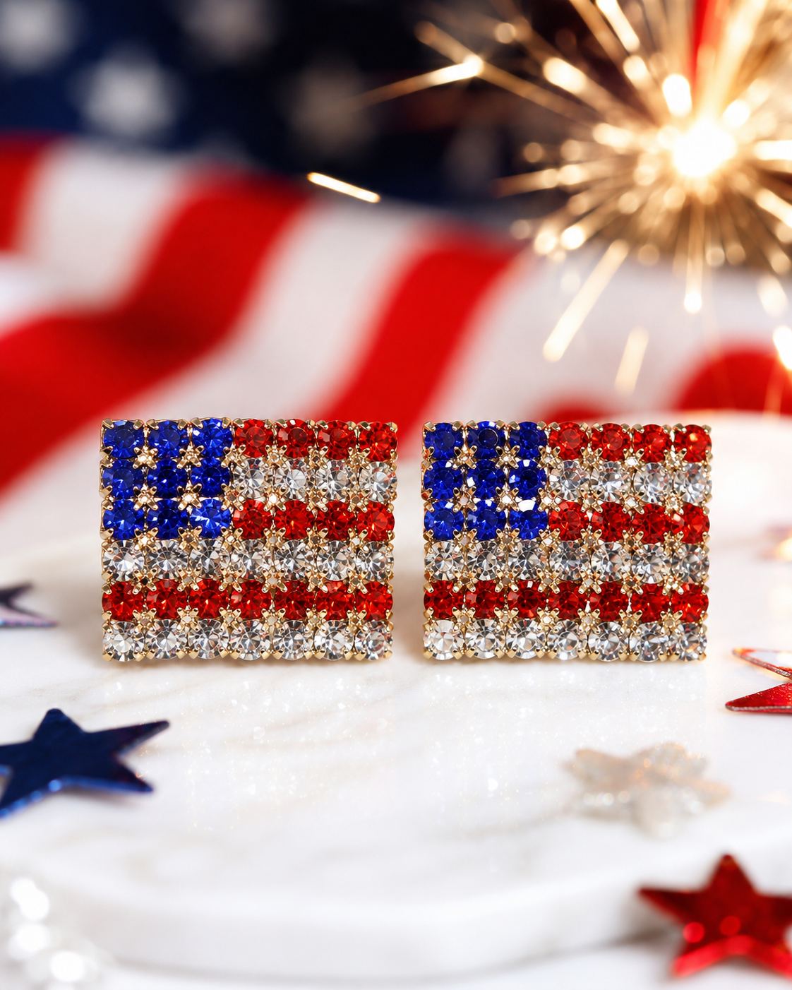 Rhinestone American USA Flag 4th July Stud Earrings, Gold-Plated Patriotic Red White Blue Flag Earring, Patriotic Independence Jewelry