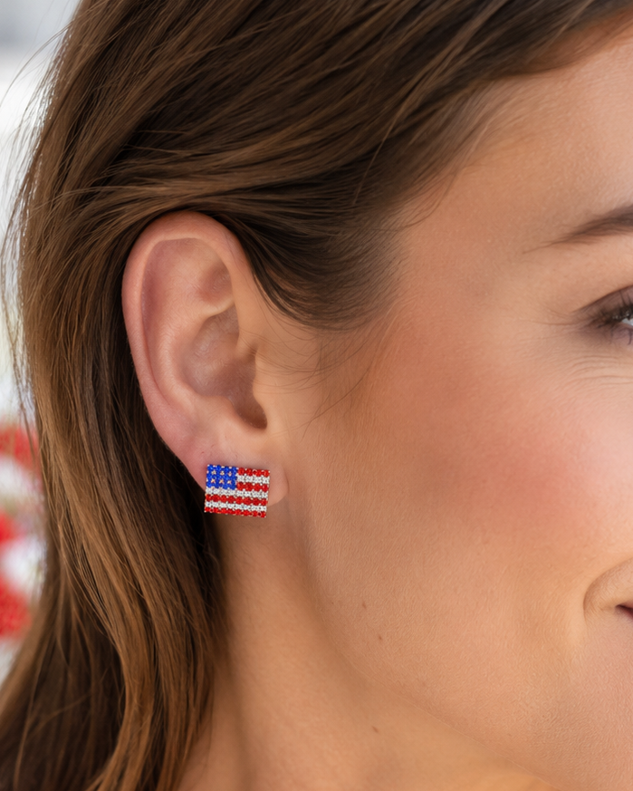 Rhinestone American USA Flag 4th July Stud Earrings, Gold-Plated Patriotic Red White Blue Flag Earring, Patriotic Independence Jewelry