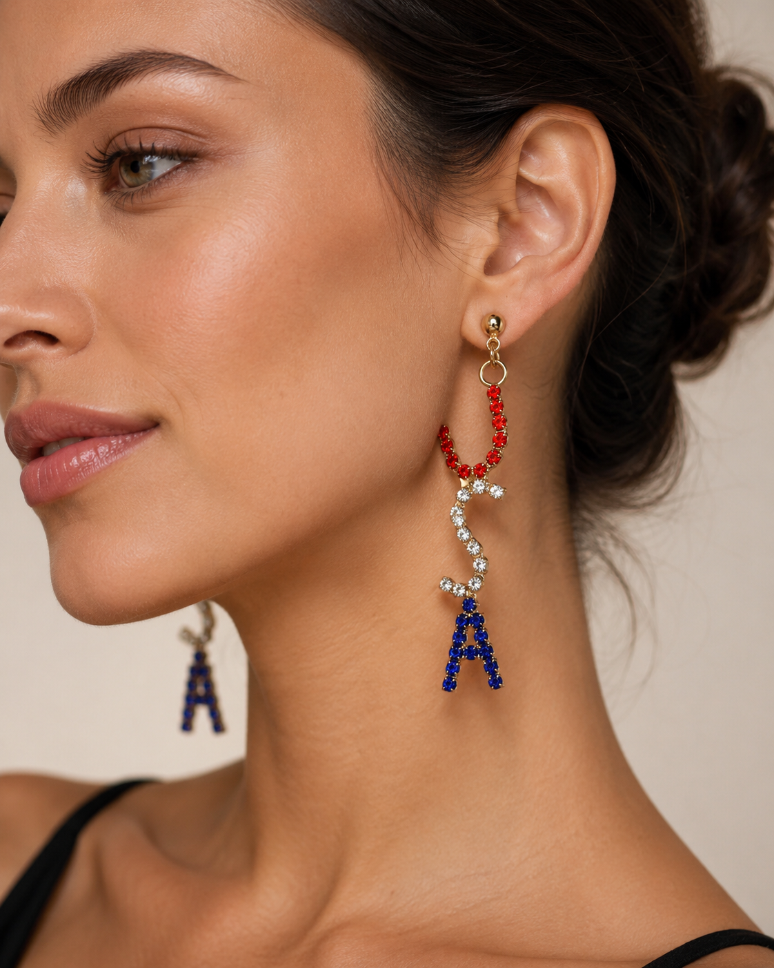 Rhinestone Patriotic Crystal USA Flag Post Dangle Earring Red White & Blue Letters