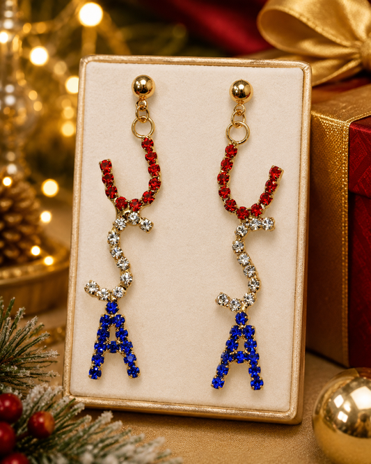 Rhinestone Patriotic Crystal USA Flag Post Dangle Earring Red White & Blue Letters