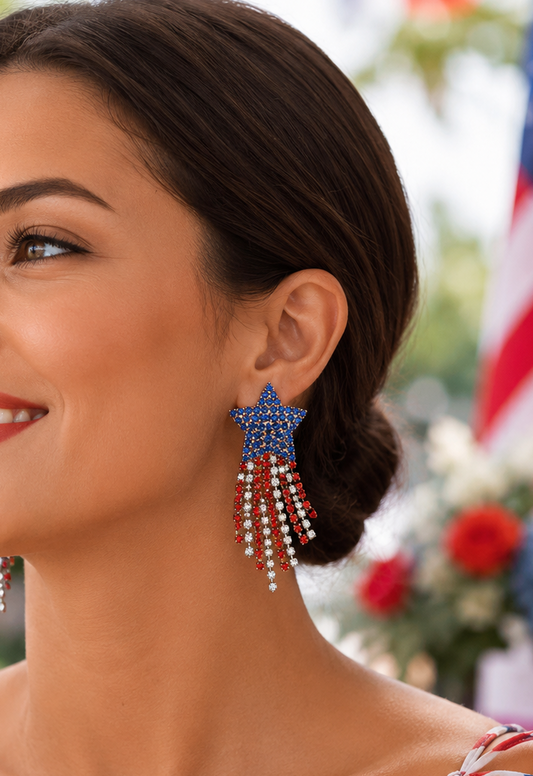 USA Patriotic 4th of July Independence Day Gift, Red White Blue Rhinestone Shooting Star Post Earrings