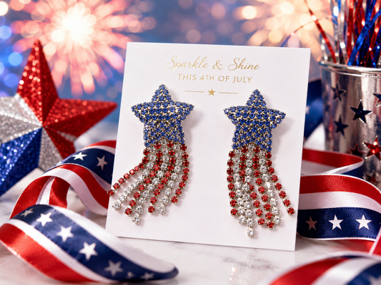 USA Patriotic 4th of July Independence Day Gift, Red White Blue Rhinestone Shooting Star Post Earrings