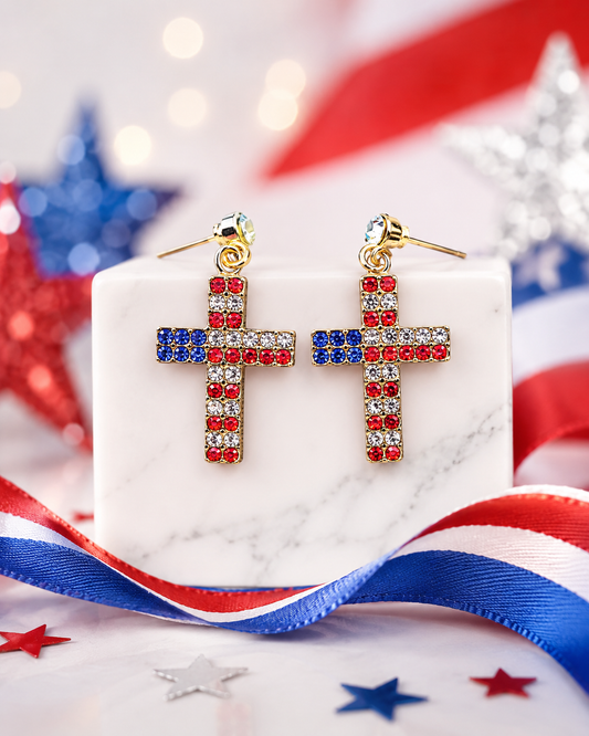 American Flag Rhinestone Pierced Earrings, Red, Blue, White Patriotic USA Cross Stud Dangle Earrings, Patriotic 4th of July Jewelry