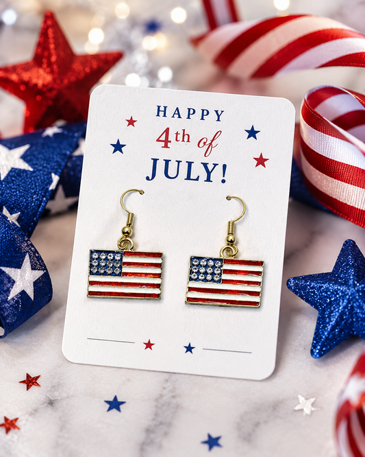 Gold-Plated Rhinestone USA Patriotic Flag Earrings, 4th of July Red White Blue Flag Dangle Earring