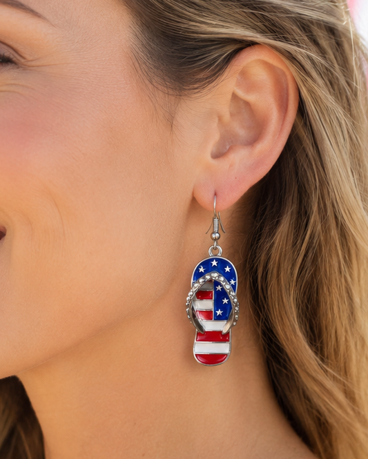 American Flag Rhinestone 4th July Flip Flops Drop Earrings, Patriotic Jewelry, Red White Blue Flip Flops Earrings