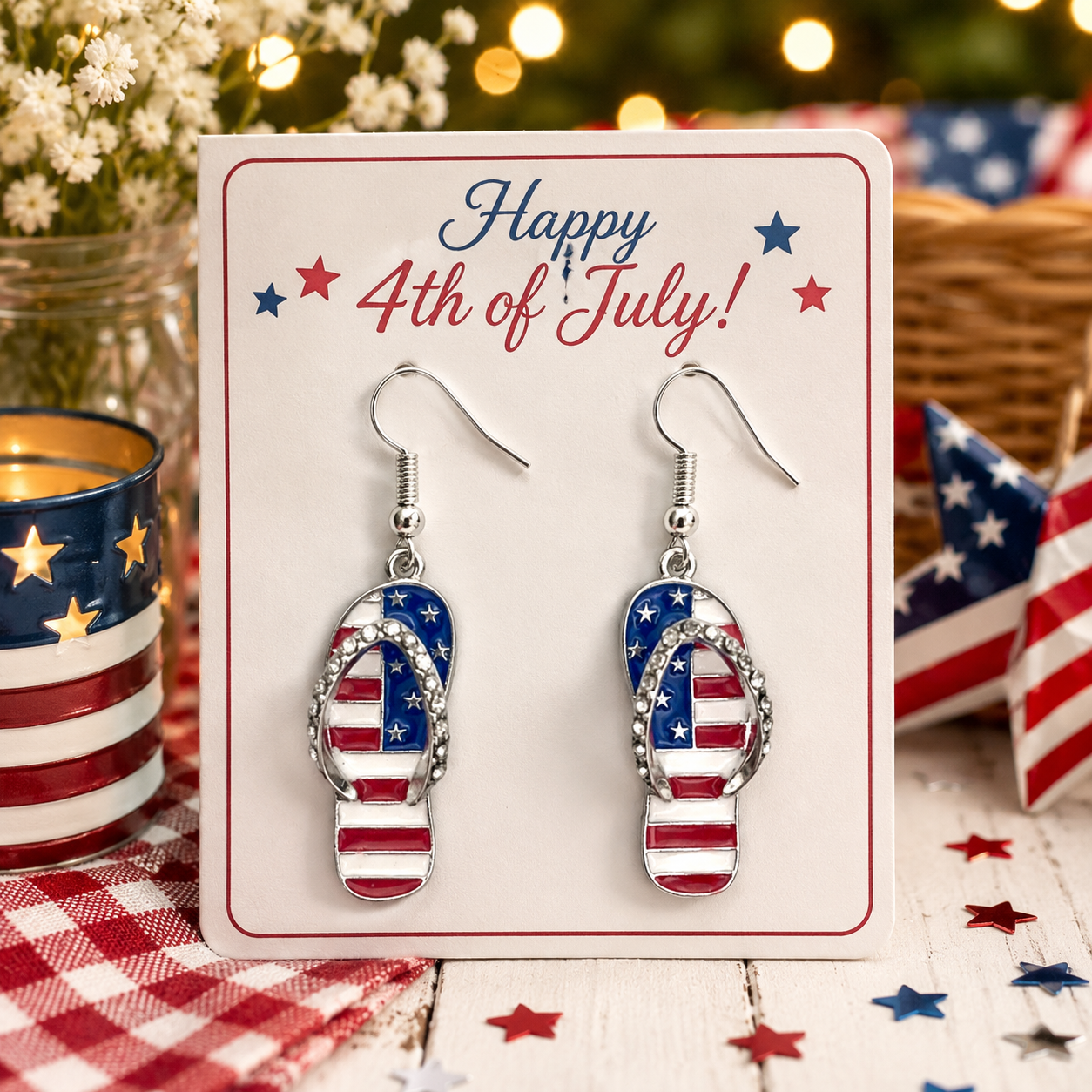 American Flag Rhinestone 4th July Flip Flops Drop Earrings, Patriotic Jewelry, Red White Blue Flip Flops Earrings
