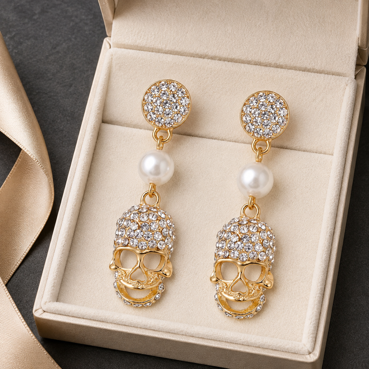 Just Love Jewels Gold-Tone Crystal Skull Drop Earrings with Faux Pearl, Halloween Statement Jewelry for Women