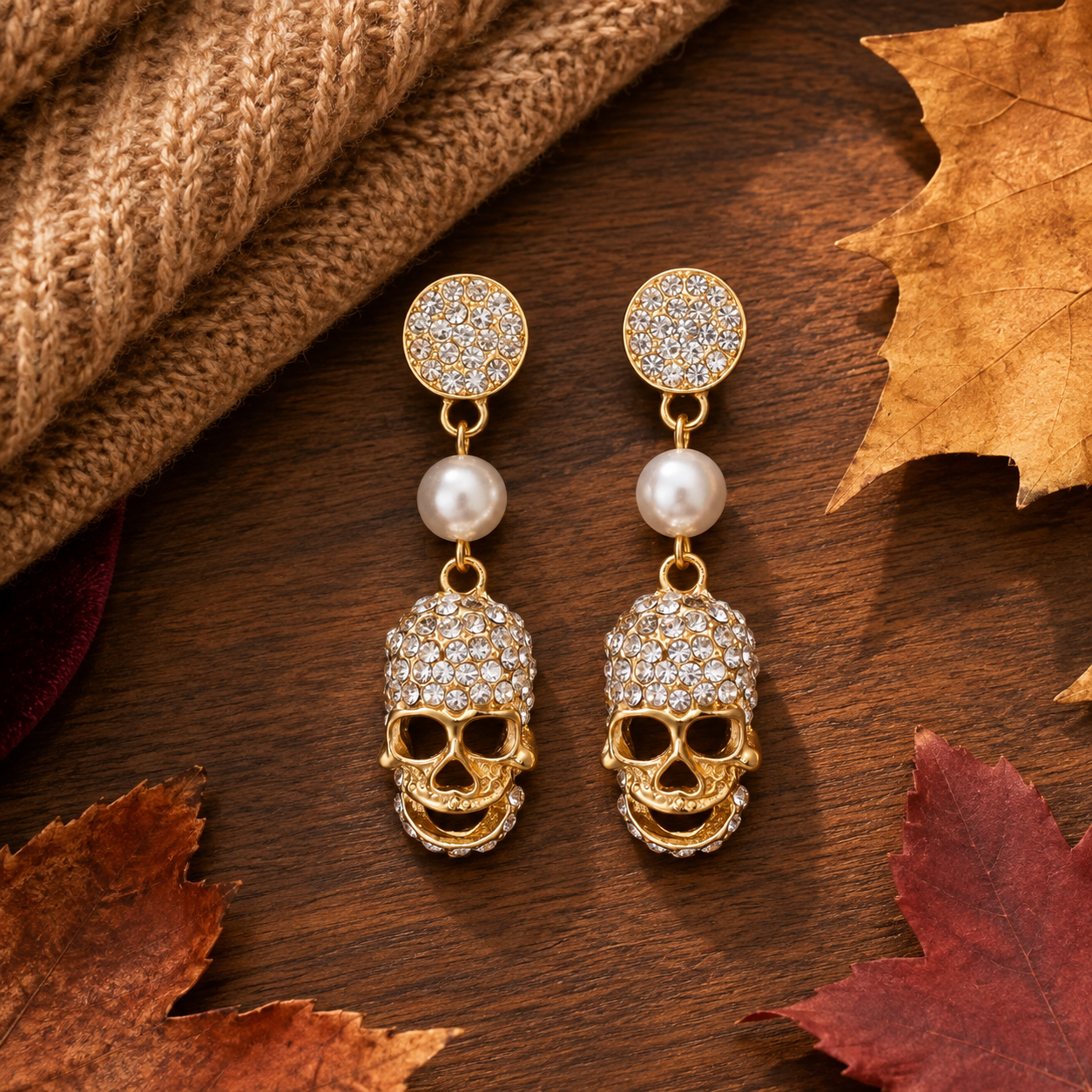 Just Love Jewels Gold-Tone Crystal Skull Drop Earrings with Faux Pearl, Halloween Statement Jewelry for Women