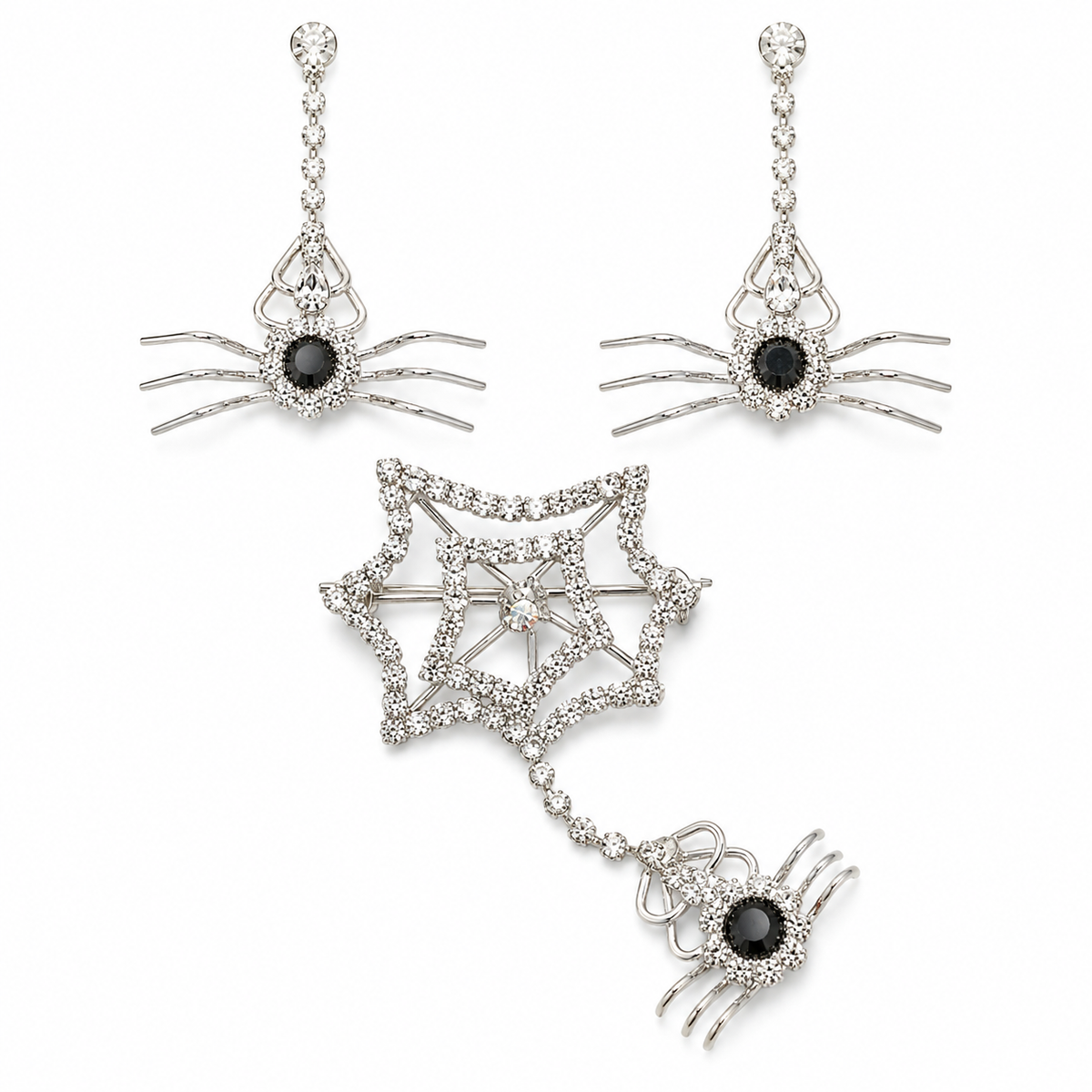 Rhinestone Spider Web Brooch Pin With Matching Earring, Crystal Halloween Jewelry Set